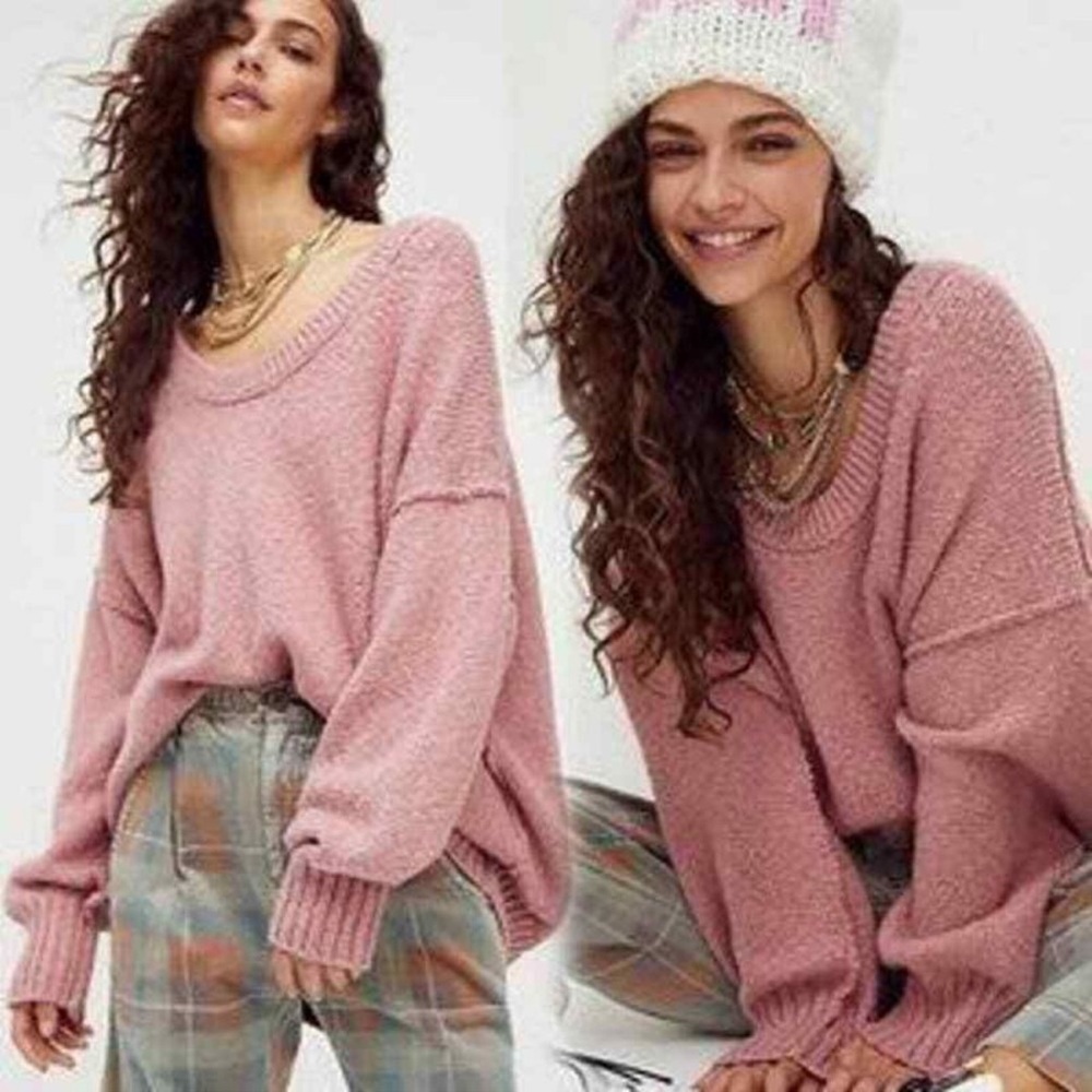 Free People Brookside Tunic Sweater Slouchy Chuncky Oversized Knit Pink Size M